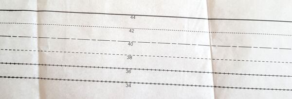 Each size is marked with its own line (here we see European sizes) shift dress pattern, diy shift dress, how to make a shift dress