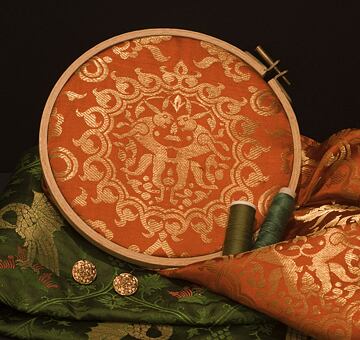 Hand woven brocade Rabbits in Lotus Vine, 100% silk with gold, brick red